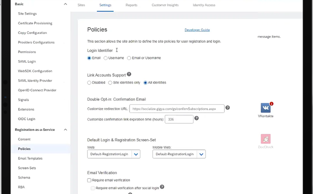 Define site policies for user registration, login, and email subscription